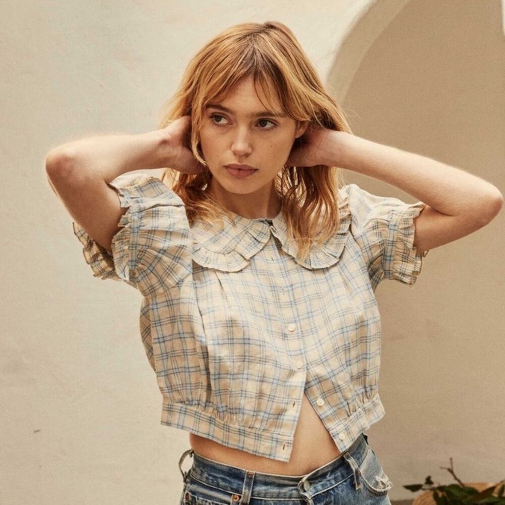 Doen Sparrow Ramie Ruffle Collar Button Crop Top Meadowlark Plaid Blue